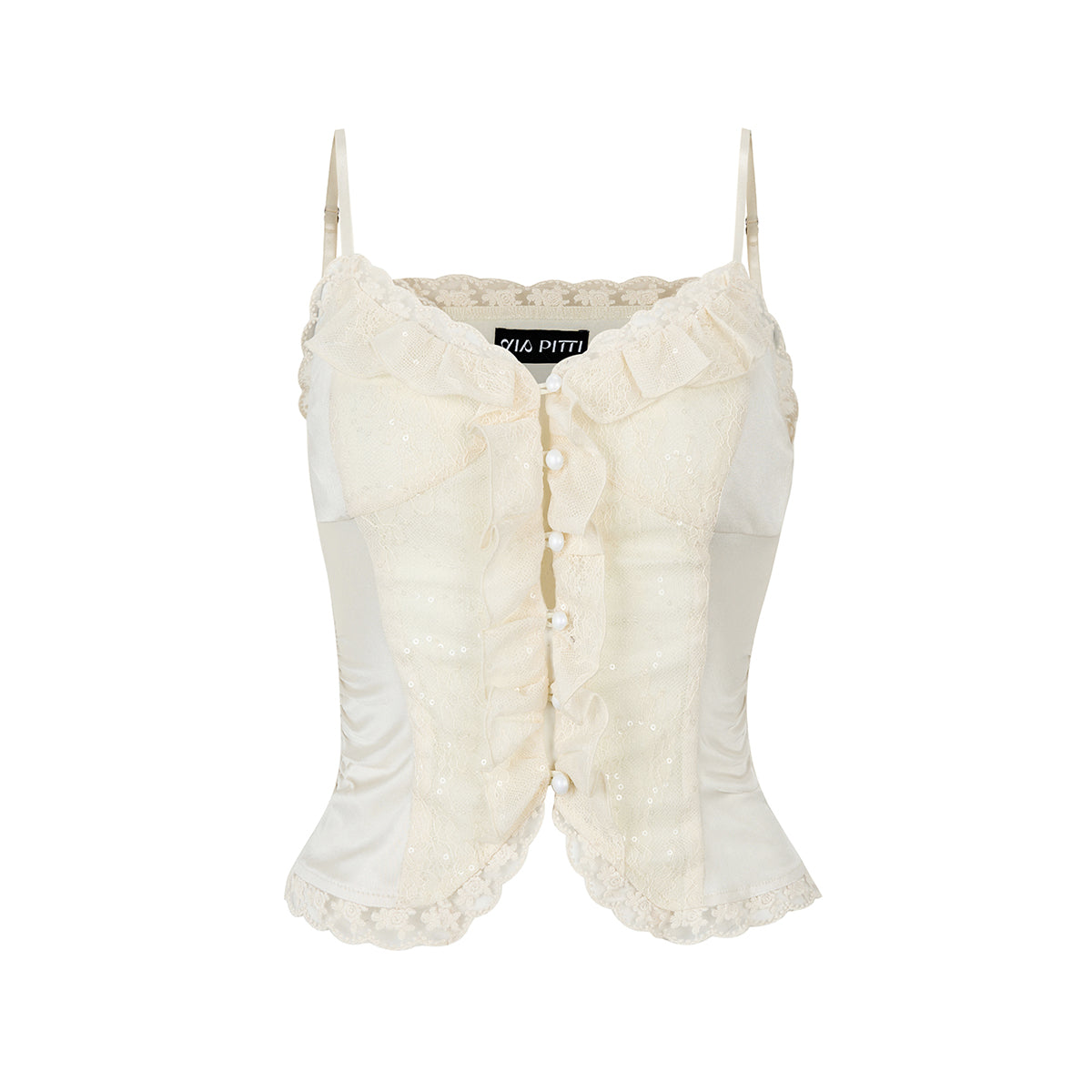 Via Pitti Sparkly Lace Patchwork Sling Vest Beige