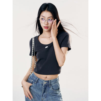 Liilou U-Neck Straight Shoulder T-Shirt Dark Grey