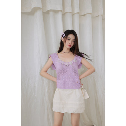 Diana Vevina Beaded Flower Hollow Knit Top Purple