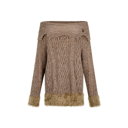 Via Pitti Destroy Cutting Off-Shoulder Knit Sweater Dress Khaki