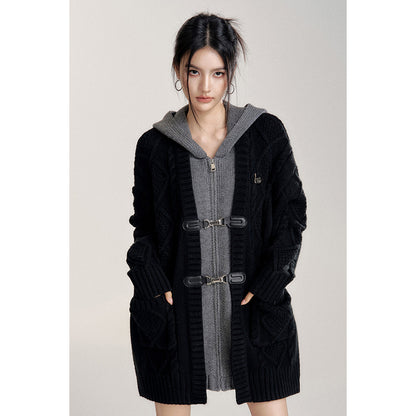 MacyMccoy Fake-2-Piece Hooded Silhouette Knit Cardigan Black