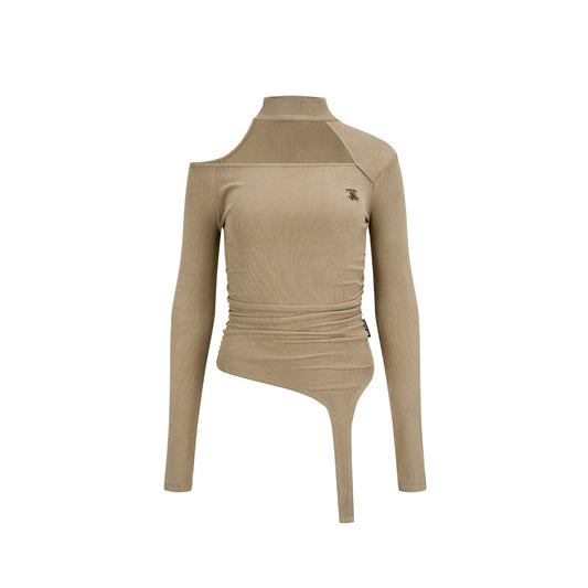 Via Pitti Chocker Neck Cut Out Asymmetrical Top Khaki