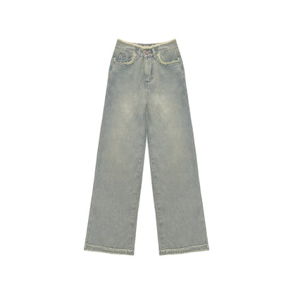 AsGony Casual Brushed Oversized Denim Pants Blue