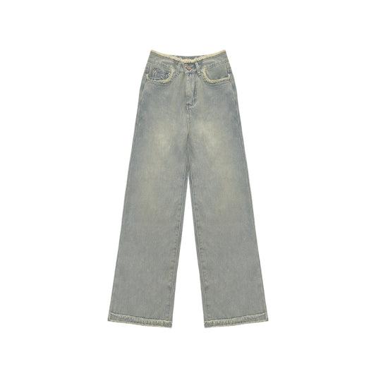 AsGony Casual Brushed Oversized Denim Pants Blue