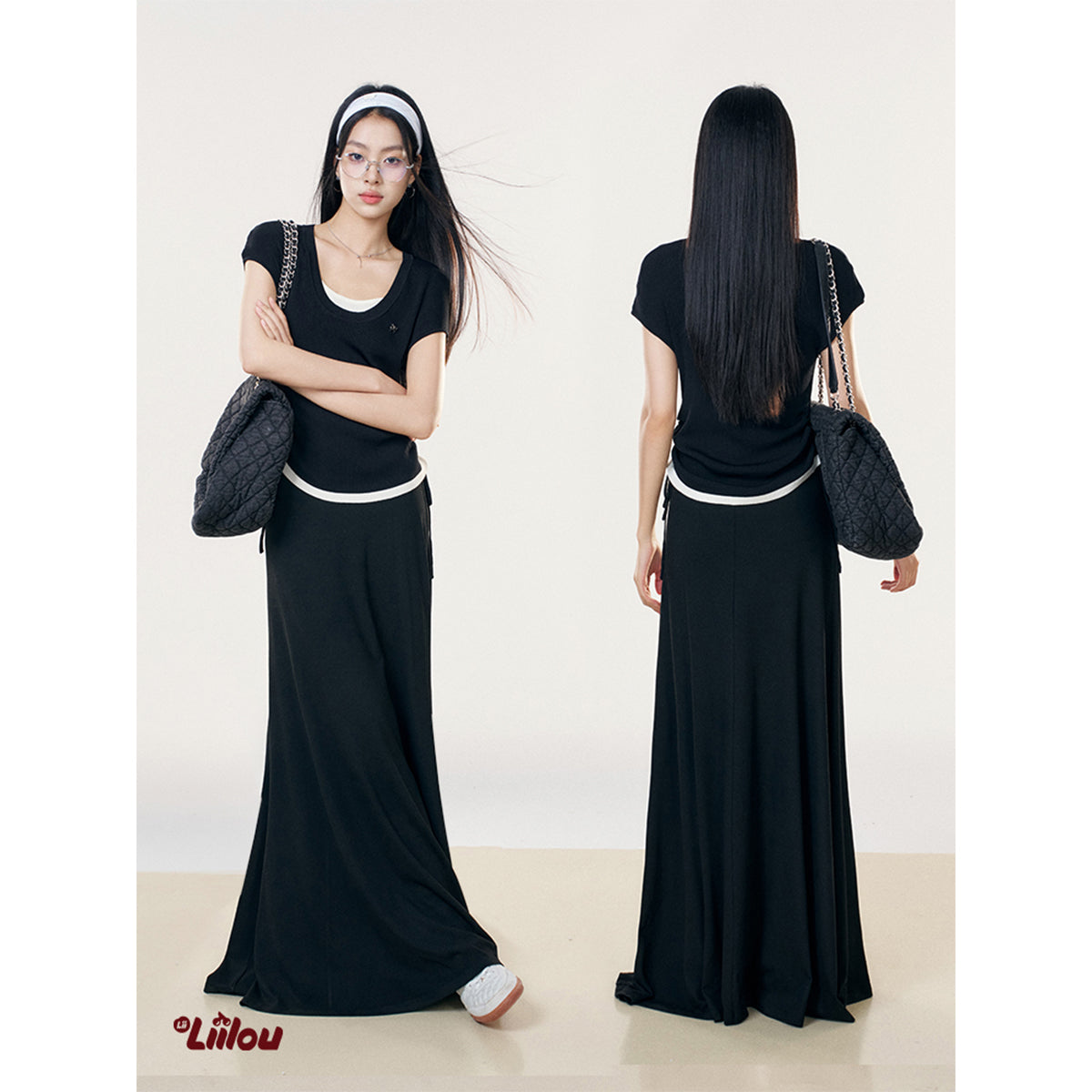 Liilou Draped High Waist A-Line Casual Long Skirt