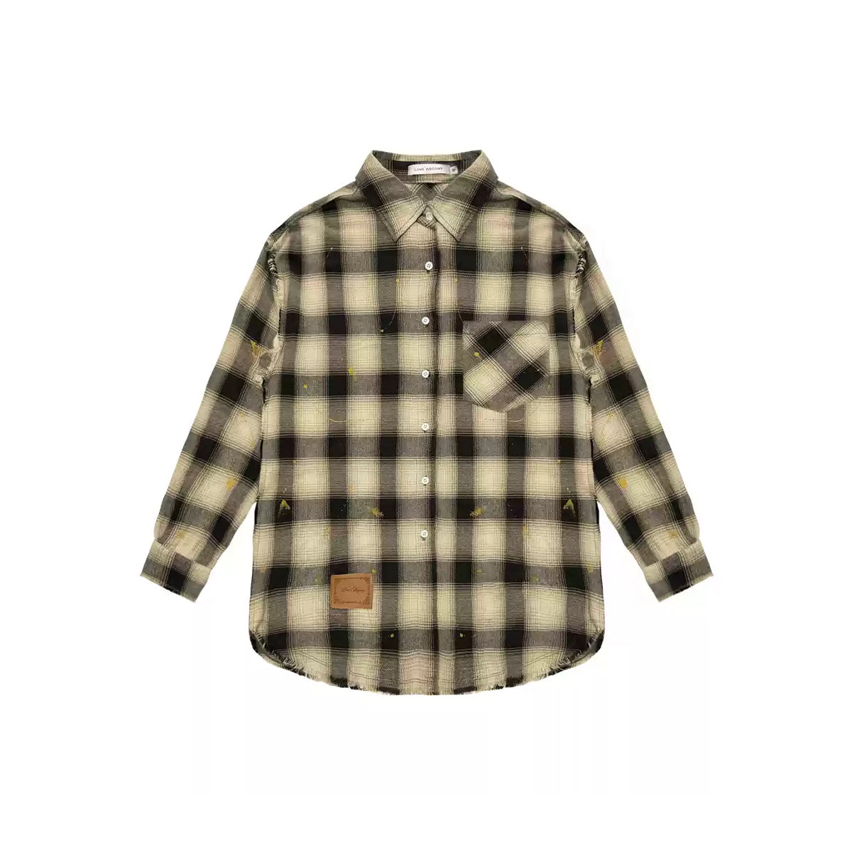 AsGony Retro Raw Edge Distressed Plaid Shirts Black