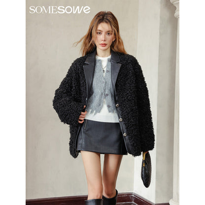 SomeSowe Leather Integrated Furry Jacket Black