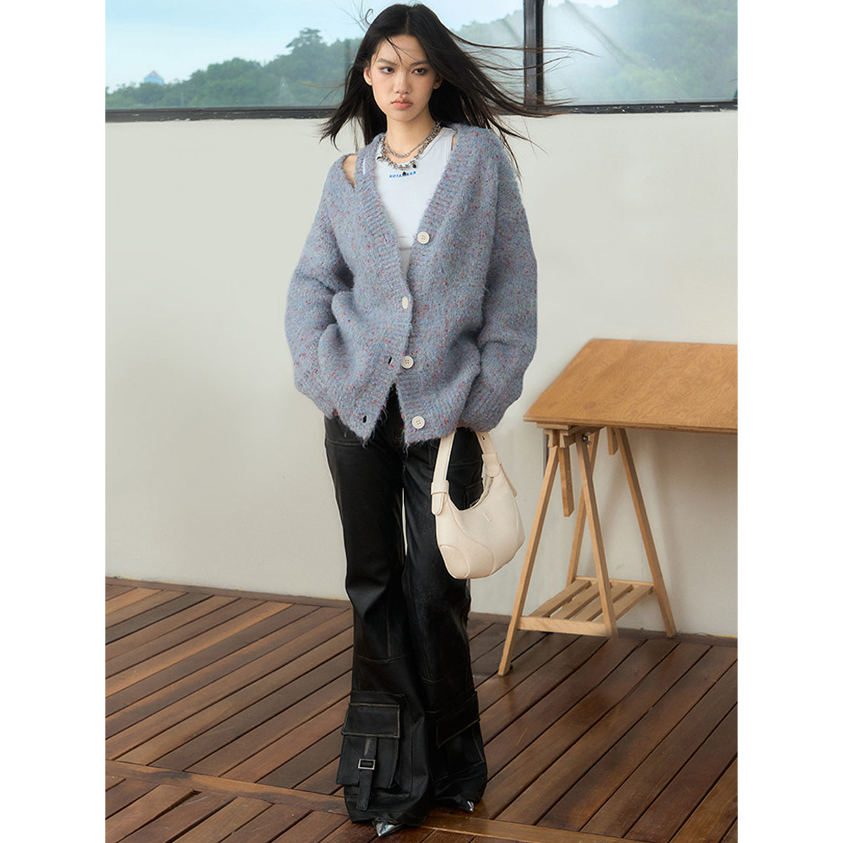 NotAwear Woolen Hollow Cutting Cardigan Blue