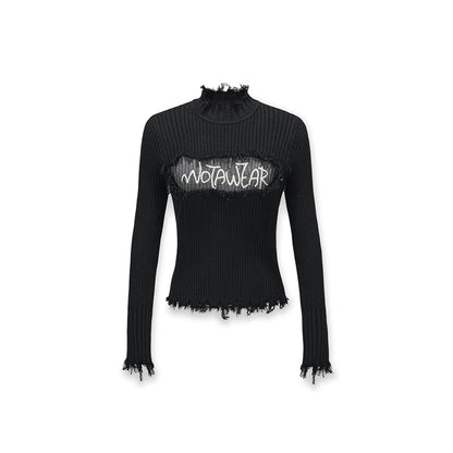 NotAwear Destroy Embroidery Logo Slim Knit Top Black