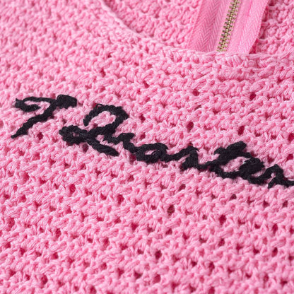 Three Quarters Logo Crochet Zip-Up Vest Top Pink