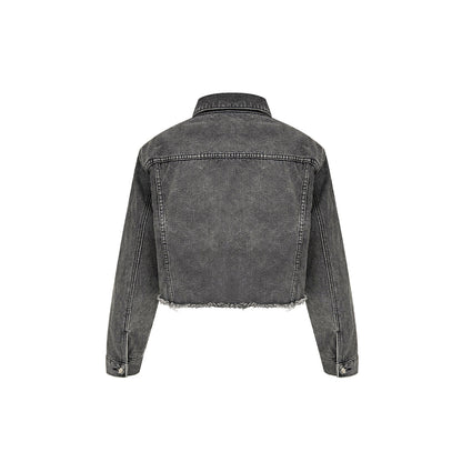 Kroche Destroy Logo Embroidery Short Denim Jacket Grey