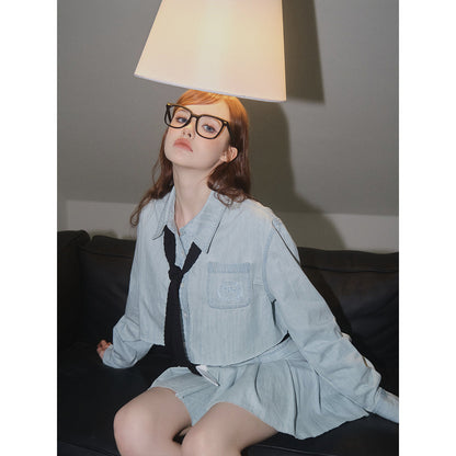 Three Quarters Embroidery Cropped Denim Shirt Blue