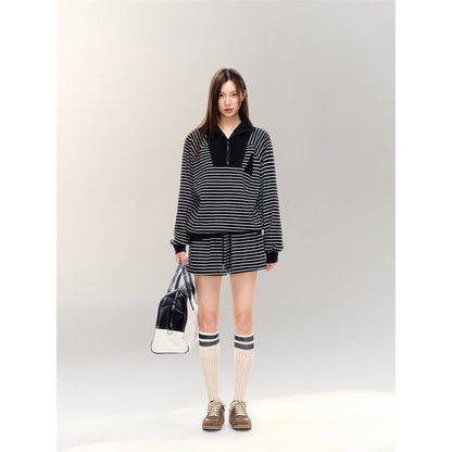 AsGony Striped Zipper Lapel Casual Sweater Black