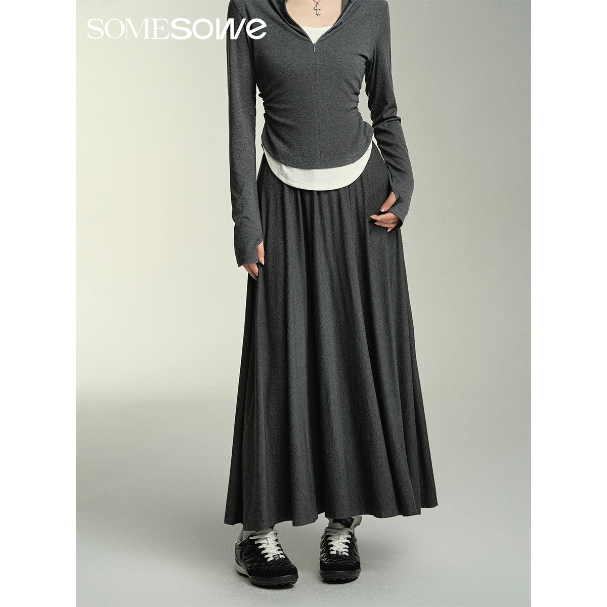 SomeSowe Wide A-Line Pleated Long Skirt Gray