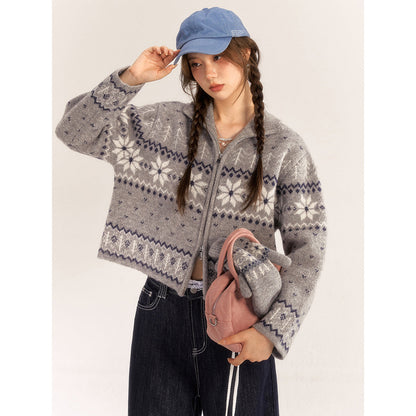 AsGony Fair Isle Retro Woolen Short Cardigan