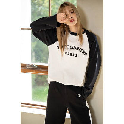 Three Quarters Color Blocked Rhinestone Logo L/S Tee Black