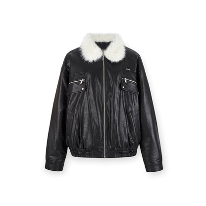 NotAwear Vintage Fur Collar Leather Jacket Black