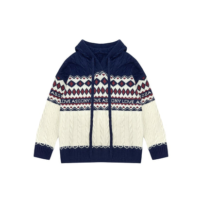 AsGony Fair Isle Oversized Knit Sweater Navy