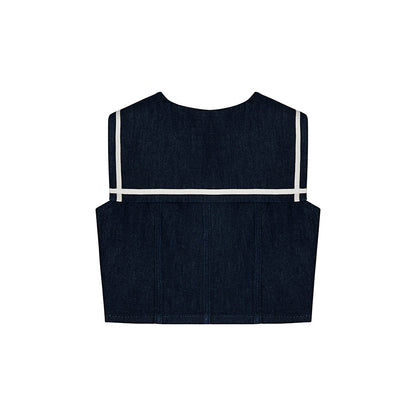 SomeSowe Contrast Color Sailor Collar Denim Top