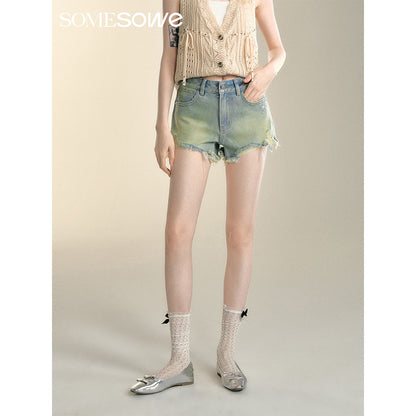 SomeSowe Hot Drilled Bow Raw Edge Denim Shorts