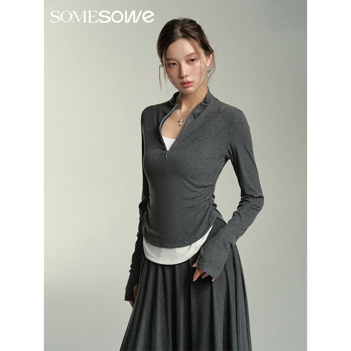 SomeSowe Lapel Neck Half-Zip L/S Top Gray