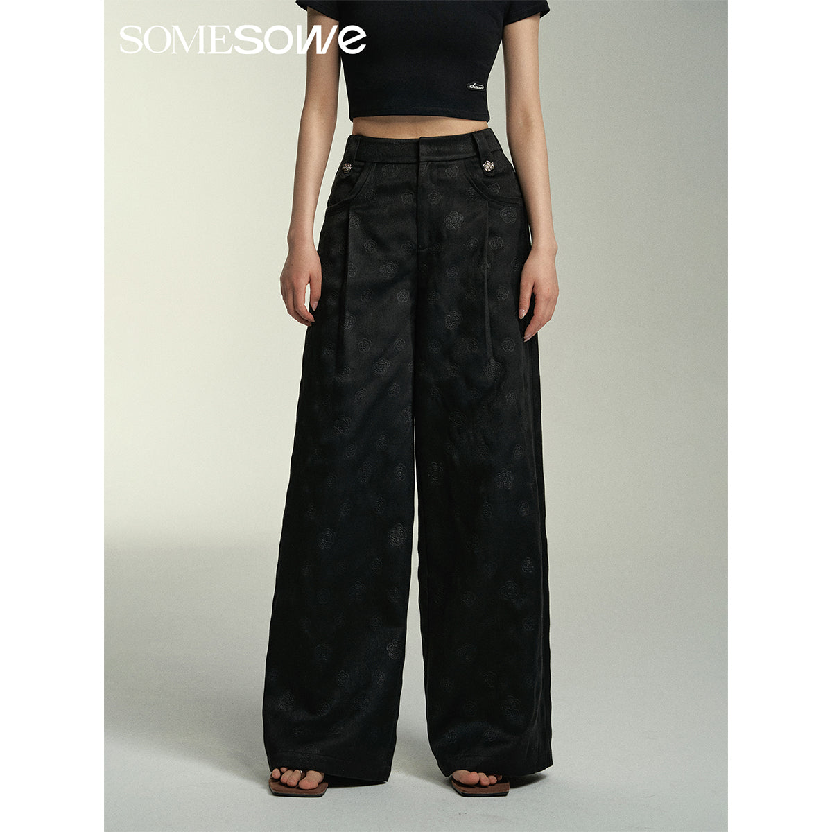 SomeSowe Camellia Printed Wide-Leg Pants Black