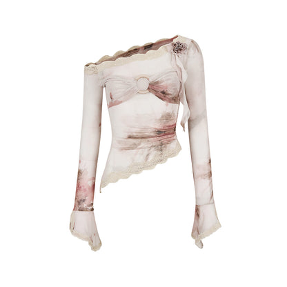 Via Pitti Lace Patchwork Diagonal Shoulder Gauze Top Beige