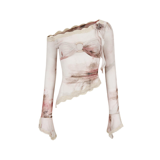 Via Pitti Lace Patchwork Diagonal Shoulder Gauze Top Beige