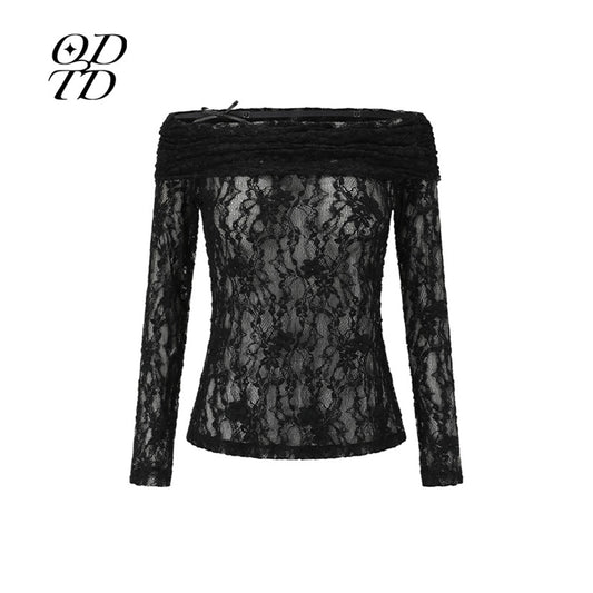 ODTD Off-Shoulder Cutout Lace Top Black