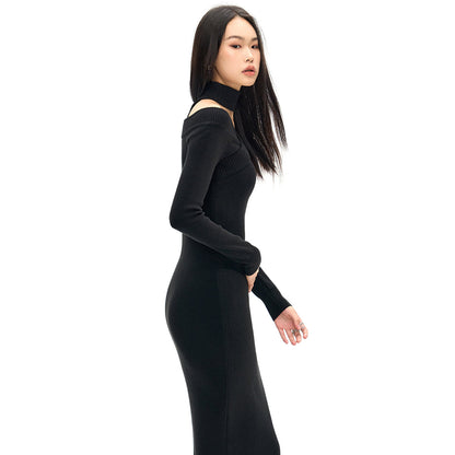 NotAwear Logo Embroidery Woolen Knit Off-Shoulder Dress