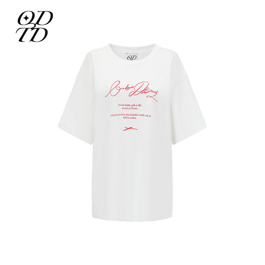 ODTD Embroidery Handwritten Slogan Logo Loose T-Shirt White