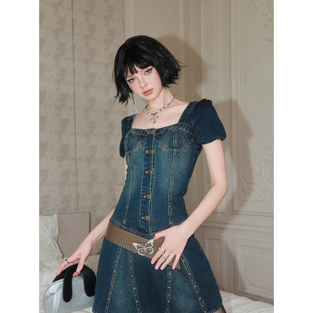 Eimismosol Retro Rivet Denim Belt Dress