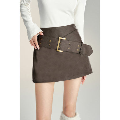 MacyMccoy Retro High-Waist Belt Leather Skirt Brown