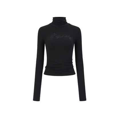 Via Pitti Logo Embroidery Pearl High Collar Slim Top Black