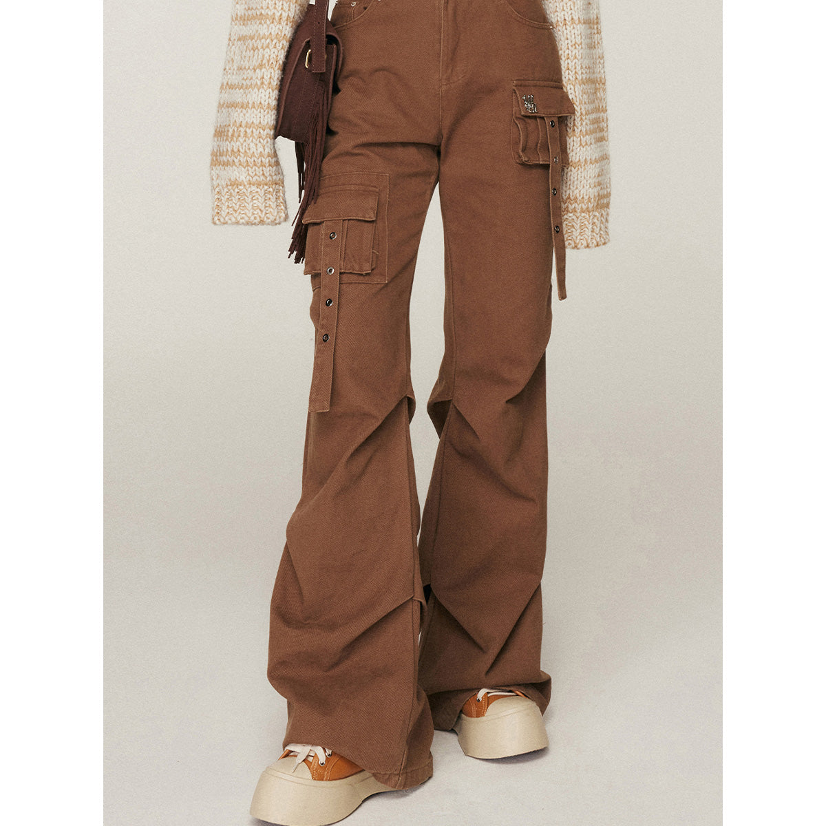 Liilou Multi-Pocket Wrinkle Flared Cargo Pants Brown