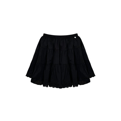 AsGony Lace Edge High Waist Puffy Skirt Black