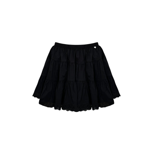 AsGony Lace Edge High Waist Puffy Skirt Black