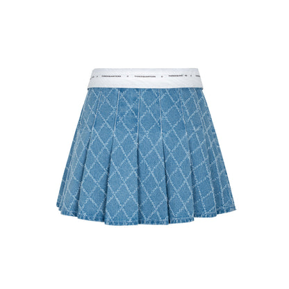 Three Quarters Checkered Flip Edge Pleated Denim Skirt