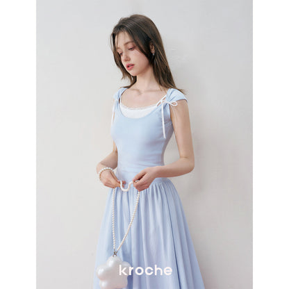 Kroche Fake-2-Piece Patchwork Casual Dress Blue