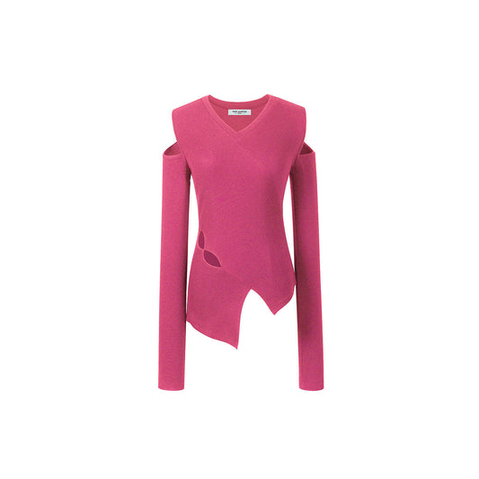 Three Quarters Hollow Cut Out Irregular Long Sleeve Top Pink