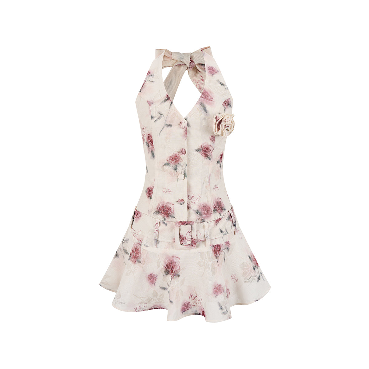 Via Pitti Printed Rose Floral Belt Dress Beige