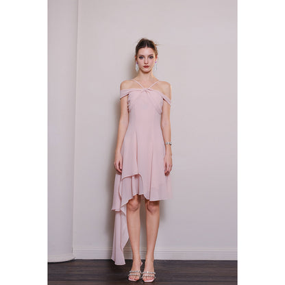 Diana Vevina Asymmetrical Hem Halter Long Dress Pink