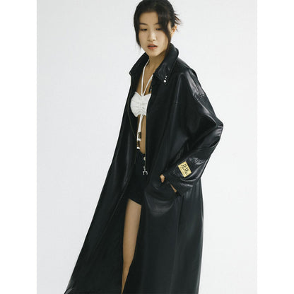 IFIK Oversized Zipper Leather Hooded Coat Black