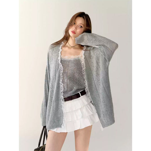 AsGony Lace Edge Hollow Cutting Knit Cardigan Gray