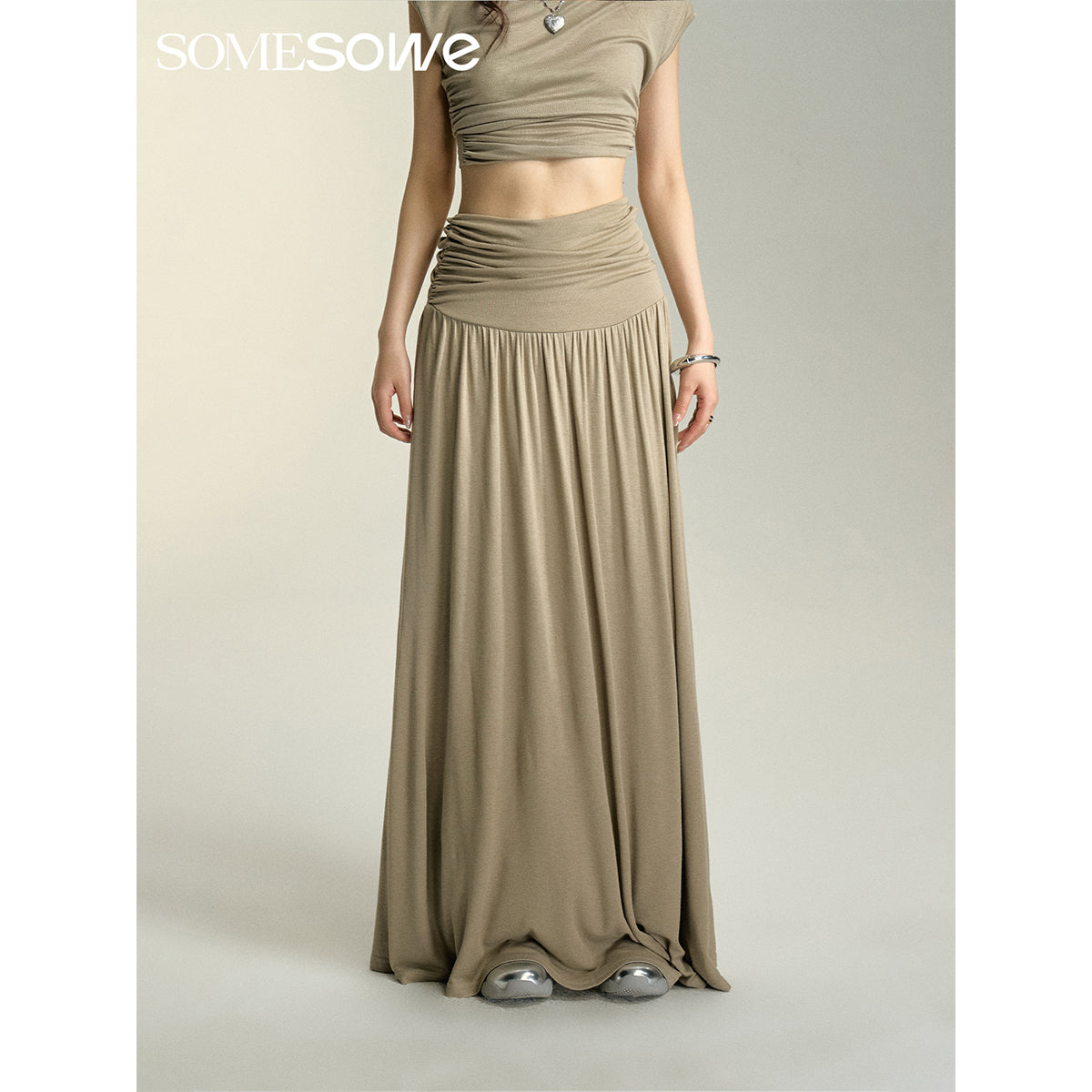 SomeSowe Heaped Ruffle Long Skirt Khaki