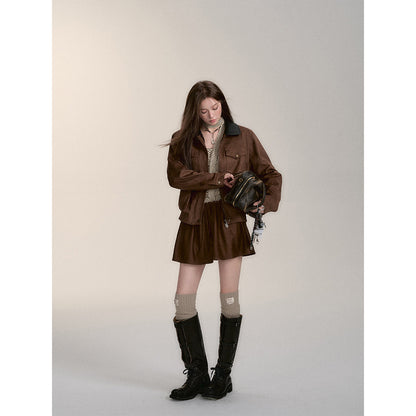 Via Pitti Fake-2-Piece Suede Short Skirt Brown