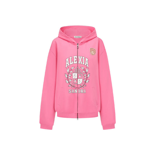 Alexia Sandra Printed Drop Shoulder Zip Up Hoodie Pink