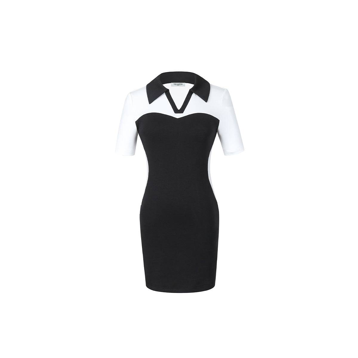 Three Quarters V-Neck Collar Colour Blocked Dress