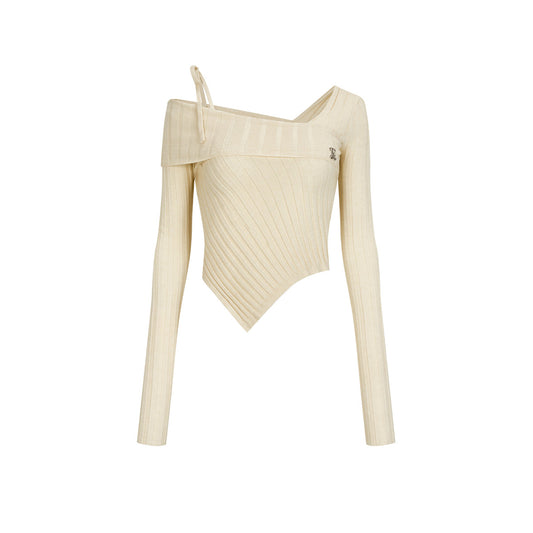 Via Pitti Irregular Edge Cutting Knit Slim Top White