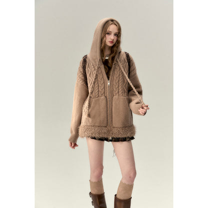 Via Pitti Fuzzy Edge Hooded Twist Knit Zipped Cardigan Brown